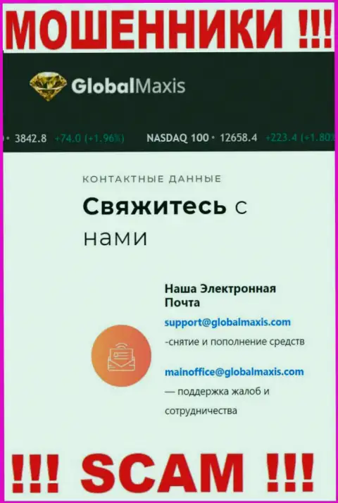 Адрес электронного ящика аферистов GlobalMaxis, который они разместили у себя на официальном web-ресурсе