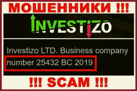 Инвестицо Лтд internet-жуликов Investizo Com было зарегистрировано под вот этим регистрационным номером: 25432 BC 2019