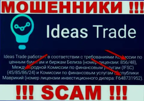 IdeasTrade не прекращает оставлять без денег неопытных людей, показанная лицензия, на web-сайте, их не останавливает