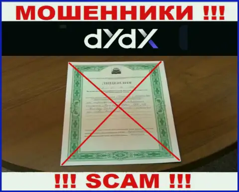 У организации dYdX не показаны сведения о их лицензионном документе - это наглые махинаторы !!!
