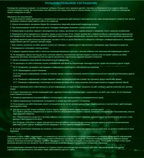 Пользовательское соглашение Zineera, представленное на портале брокерской организации