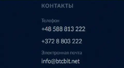 Номера телефонов и электронный адрес онлайн обменника BTCBit